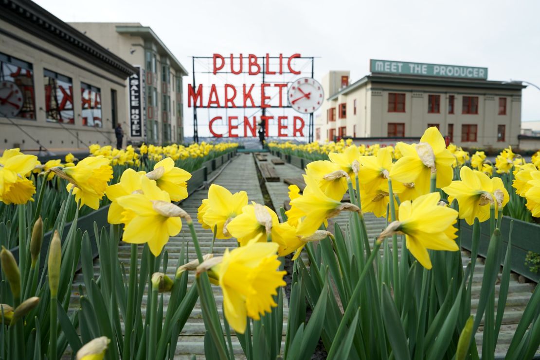 Pike Place Market in Seattle will brighten visitors' day with daffodils.