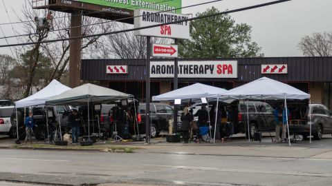 News crews set up outside of Aromatherapy Spa in Atlanta, Georgia, on March 17, 2021. The spa was one of three metro Atlanta spas where people were shot and killed on Tuesday night.