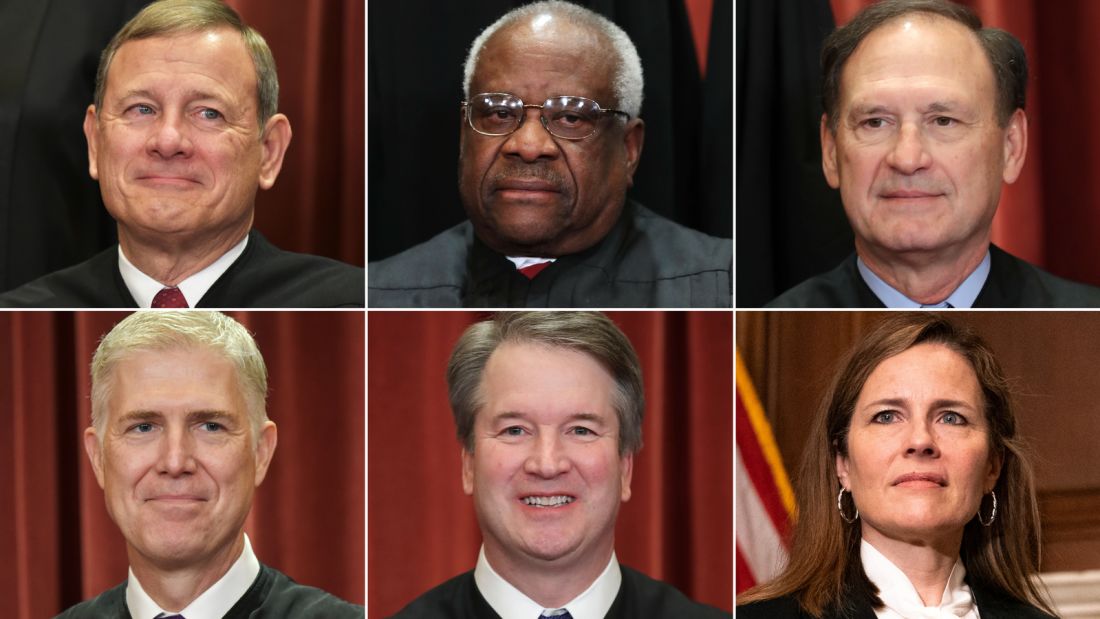 Top row: Chief Justice John Roberts, Associate Justices Clarence Thomas and Samuel Alito; bottom row: Associate Justices Neil Gorsuch, Brett Kavanaugh and Amy Coney Barrett