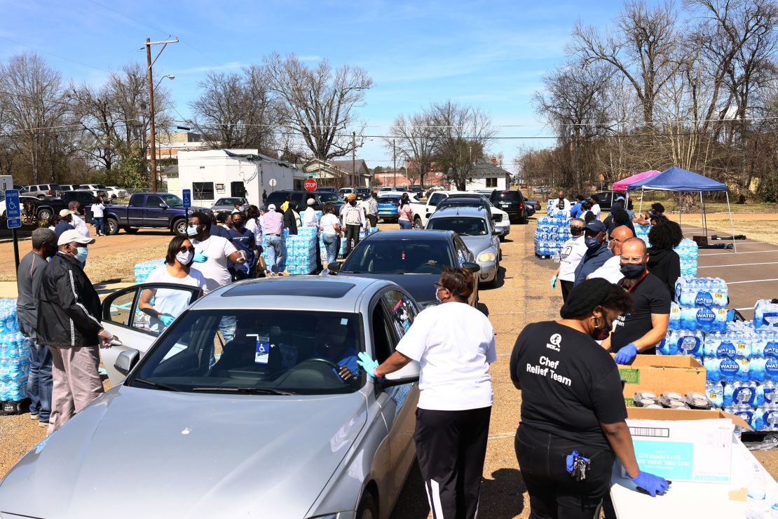 Volunteers at a water and food drive held by College Hill Baptist Church and the World Central Kitchen on March 7 in Jackson, Mississippi. 