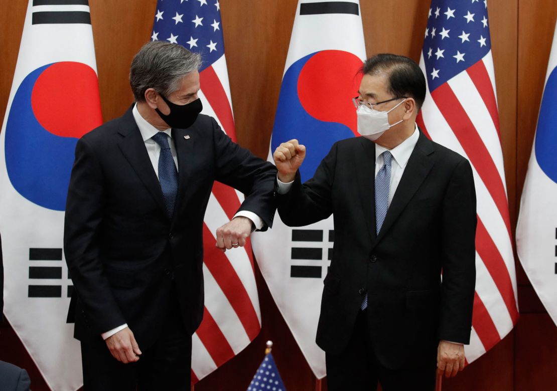 US Secretary of State Antony Blinken bumps elbows with South Korean Foreign Minister Chung Eui-yong in Seoul on March 18.