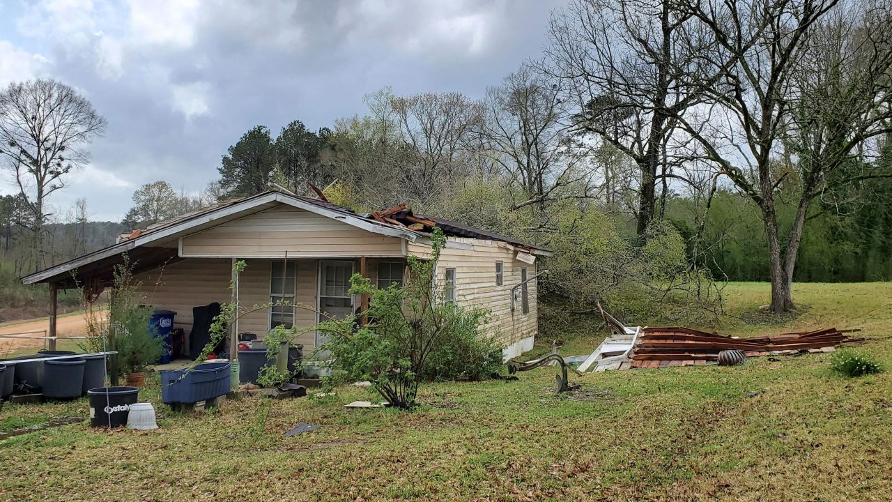 A roof of a home in northeast Lincoln County, Miss., is suspected of having been torn off by a tornado on March 17, 2021.