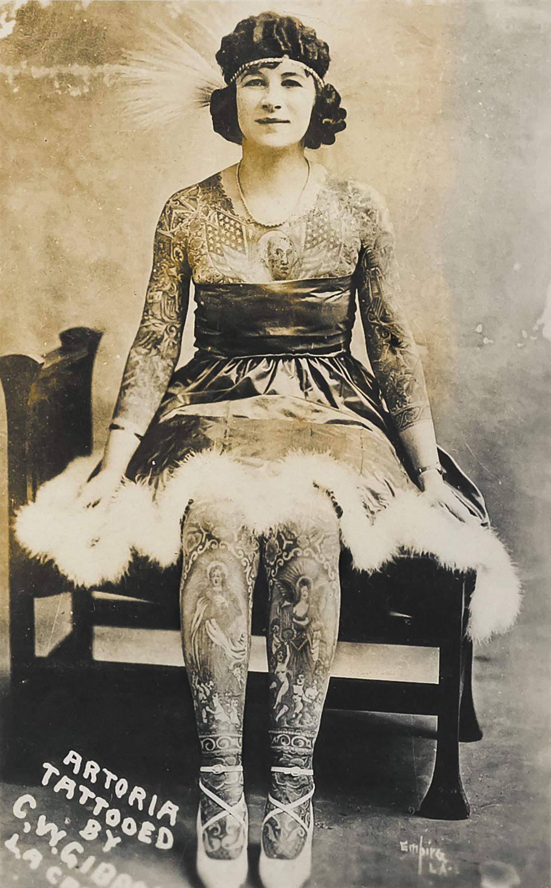 This photograph of tattooed peformer Artoria Gibbons was taken in the 1920s. Gibbons worked for circus sideshows, dime museums and carnivals for decades.