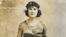 Famous American tattooed woman Artoria Gibbons, ca. 1920s. Gibbons was one of the longest-performing tattooed ladies ever. She worked the circus sideshows, dime museums, and carnivals until 1981.