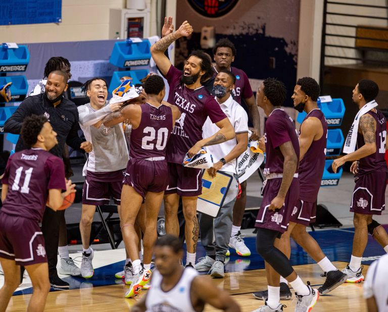 Texas Southern celebrates after defeating Mount St. Mary's 60-52 in the first game of the tournament.