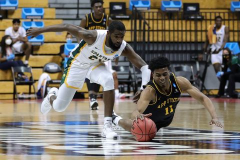 Appalachian State's Donovan Gregory dives for a loose ball.