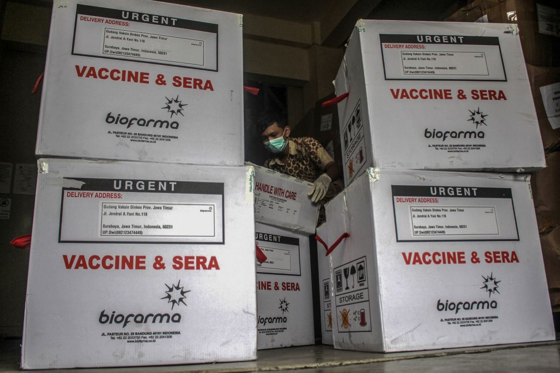 Health authorities officers unload Covid-19 vaccine produced by Sinovac China, under guard from Police at Pharmacy Warehouse in Surabaya, Indonesia on January 13, 2021. 