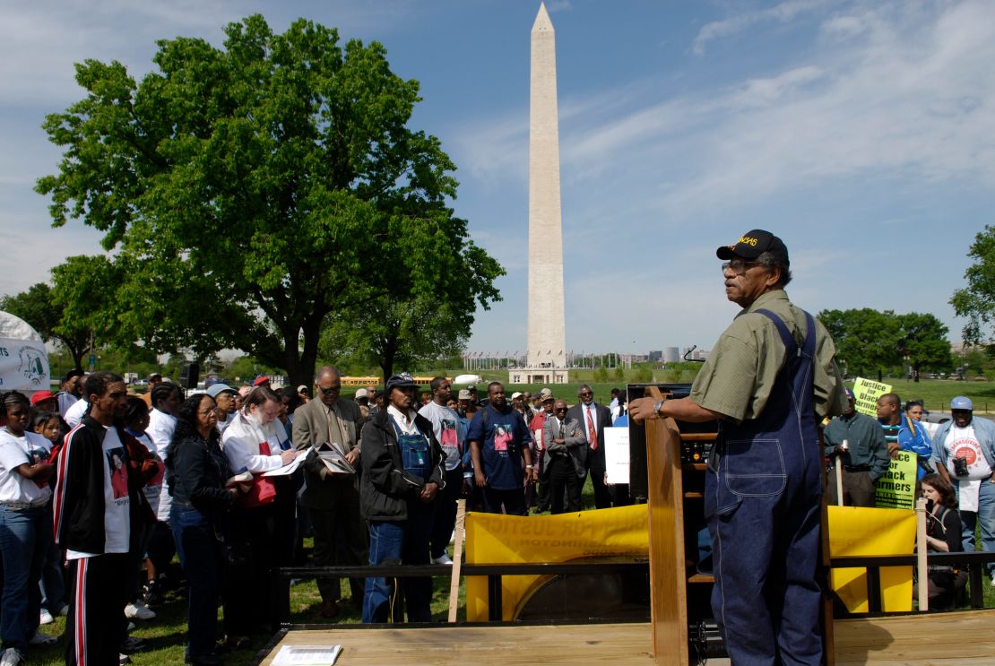 Leavenworth, Kansas, farmer George Hildebrandt speaks at a rally "for justice in the Agriculture Department's farm system" on the Mall outside the USDA on April 26, 2006, in Washington, DC. 