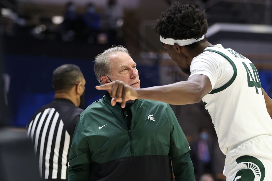 Michigan State head coach Tom Izzo has a heated conversation with Gabe Brown during their game against UCLA on March 18. UCLA won 86-80 in overtime.