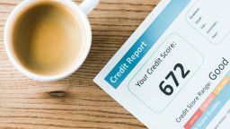 underscored credit report and score on desk with coffee