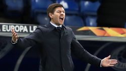 Rangers' English manager Steven Gerrard gestures on the touchline during the UEFA Europa League Round of 16, 2nd leg football match between Rangers and Slavia Prague at the Ibrox Stadium in Glasgow on March 18, 2021. (Photo by Andrew Milligan / POOL / AFP) (Photo by ANDREW MILLIGAN/POOL/AFP via Getty Images)