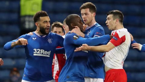 Glen Kamara confronts Ondrej Kudela on the pitch.