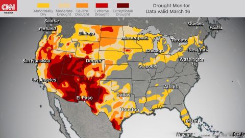 Current drought monitor, as of March 16, highlights widespread drought in the western US. The darkest shading resembles exceptional drought, the most significant category on the drought monitor.