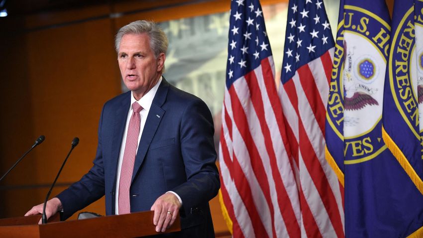 US House Minority Leader, Kevin McCarthy, Republican of California, speaks during his weekly press briefing on Capitol Hill in Washington, DC, on March 18, 2021.