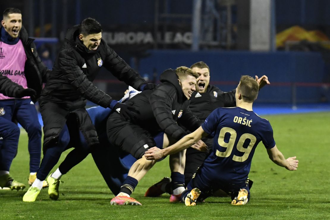 Mislav Orsic celebrates his third goal against Tottenham.