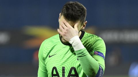 Hugo Lloris reacts after Tottenham's shock defeat by Dinamo Zagreb in the Europa League.