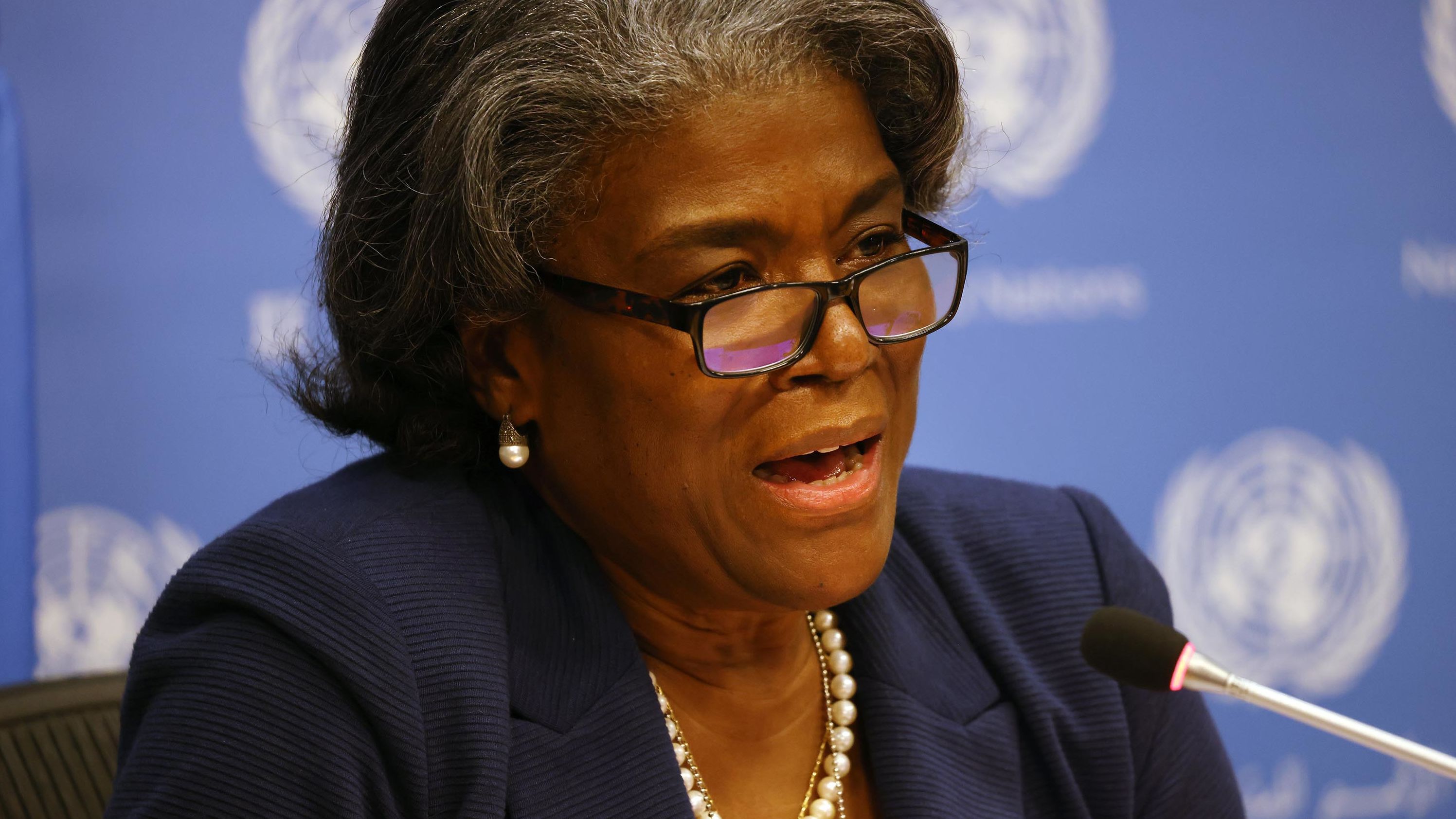 Linda Thomas-Greenfield, the new US Ambassador to the United Nations (UN), speaks to the media at a socially distanced briefing on March 01, 2021 in New York City. 