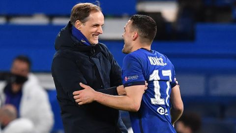 Thomas Tuchel and Mateo Kovacic celebrate after beating Atletico.