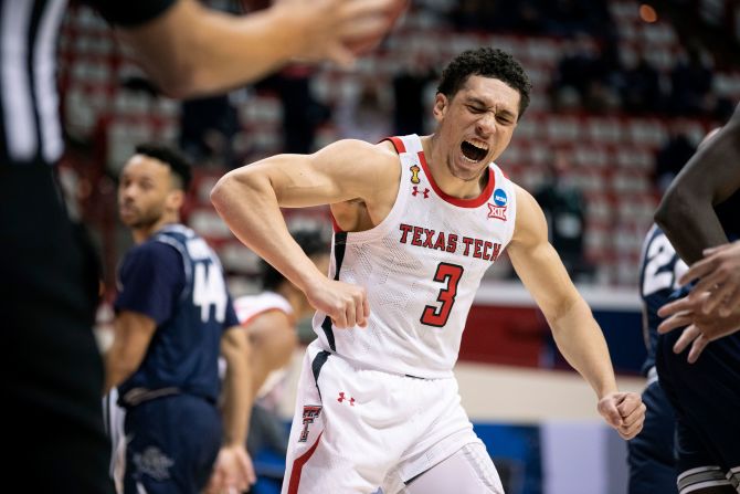 Texas Tech's Clarence Nadolny reacts during his team's first-round win against Utah State. Texas Tech was the tournament runner-up in 2019.