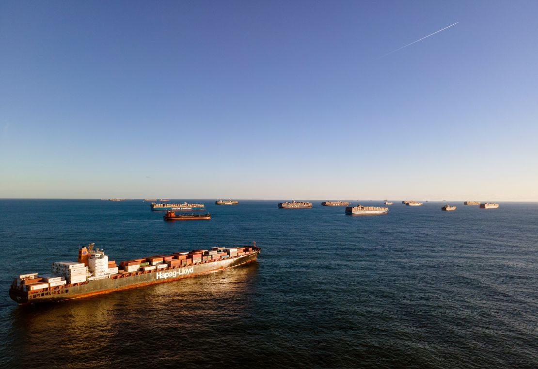 Ships sit off the coast of Seal Beach, California on January 26, 2021. 