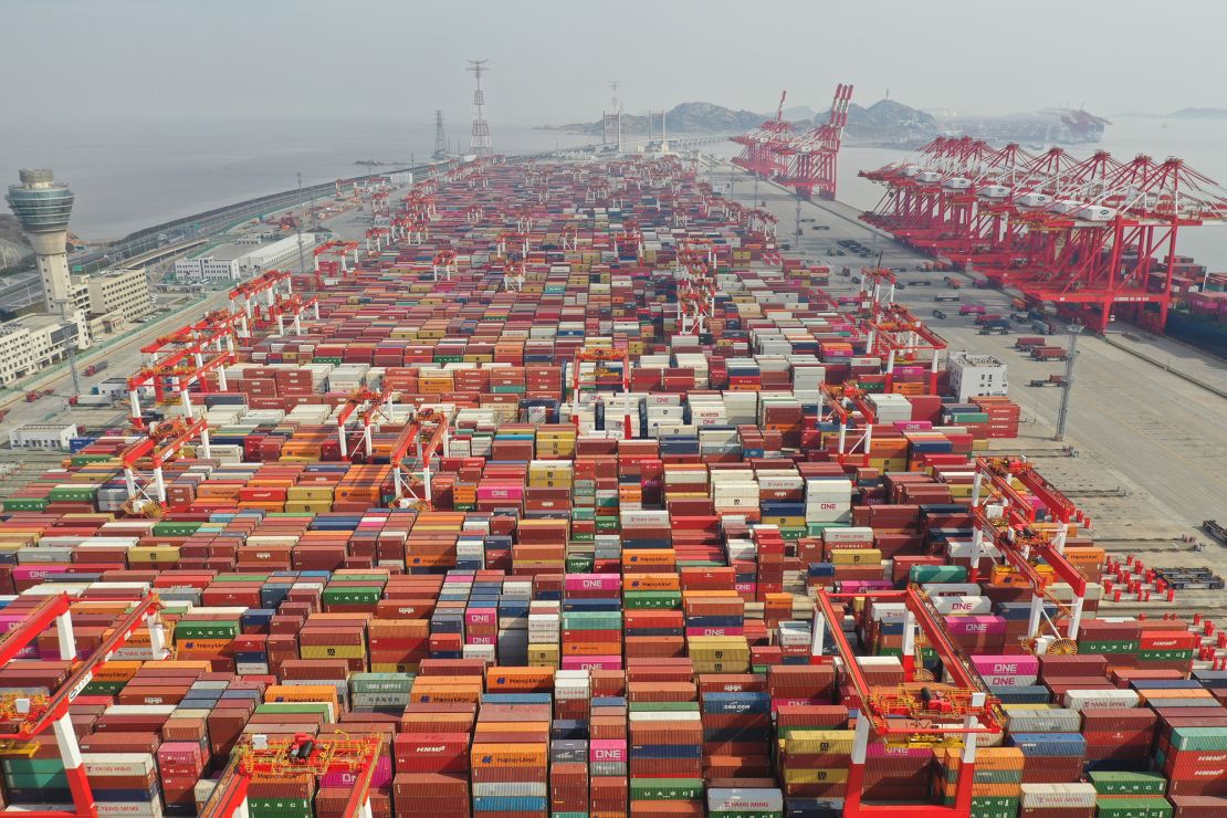 An aerial view on February 22 of Yangshan Port south of Shanghai, one of the world's busiest container shipping ports.