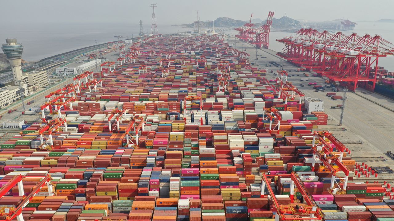 An aerial view on February 22 of Yangshan Port south of Shanghai, one of the world's busiest container shipping ports.