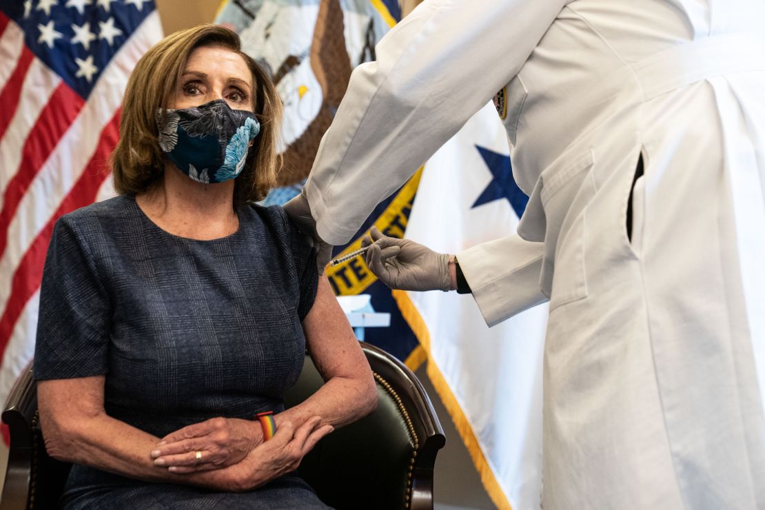 House Speaker Nancy Pelosi receives a Pfizer-BioNTech Covid-19 vaccine in the Capitol on December 18.