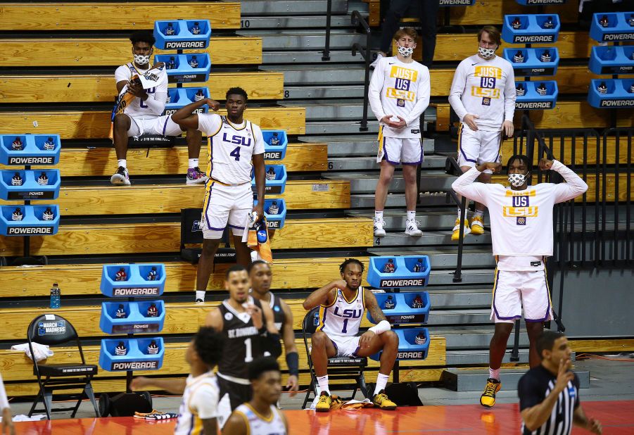 LSU players cheer on their teammates during their first-round win against St. Bonaventure.