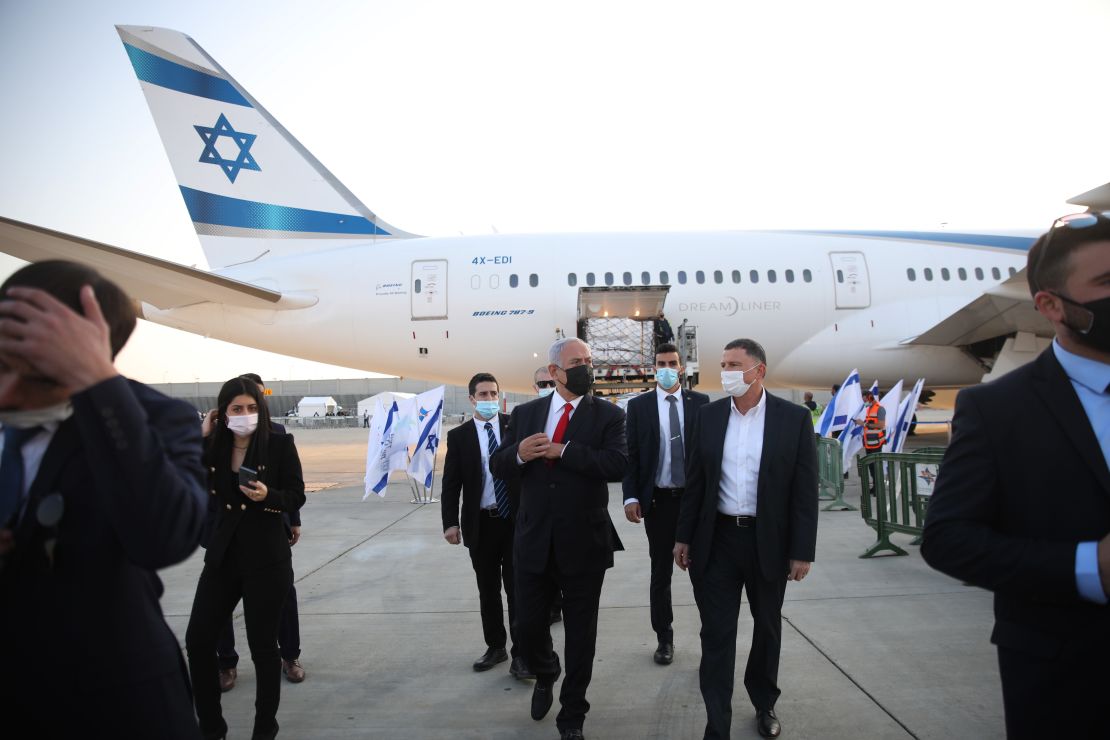 Netanyahu and Health Minister Yuli Edelstein welcome the arrival of a plane carrying a shipment of Pfizer-BioNTech coronavirus vaccine in January.