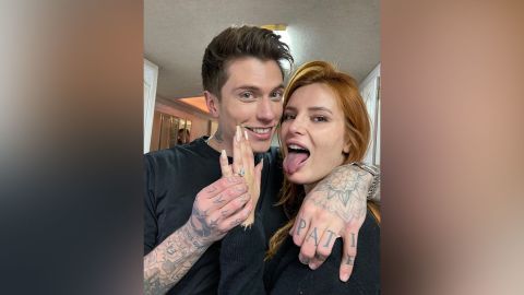 Benjamin Mascolo, left, and Bella Thorne announcing their engagement on Instagram. 