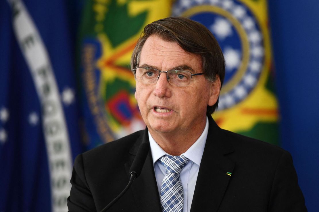 Brazilian President Jair Bolsonaro speaks about the vaccine rollout in Brasilia last March. 