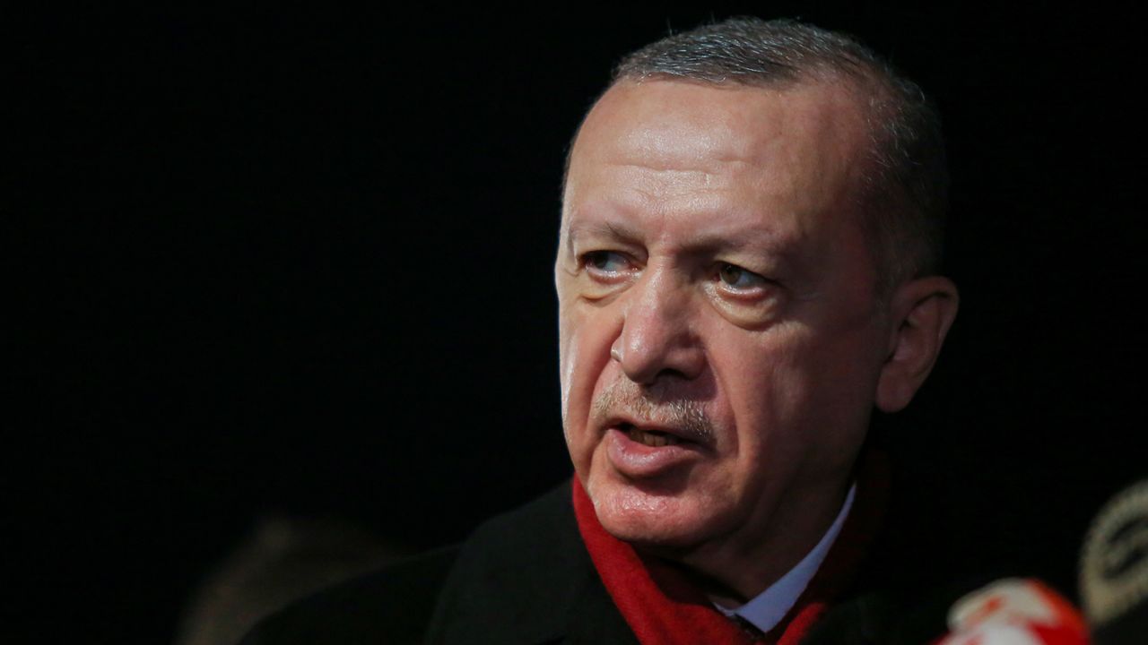 VAROSHA, CYPRUS - NOVEMBER 15: Turkey's President Recep Tayyip Erdogan speaks  during a press conference on November 15, 2020 in the disputed coastal town of Varosha in Famagusta, Cyprus. (Photo by Alexis Mitas/Getty Images)