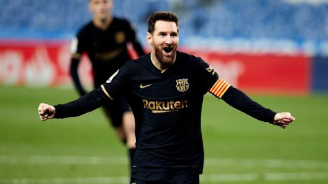 Messi celebrates after scoring against Real Sociedad.