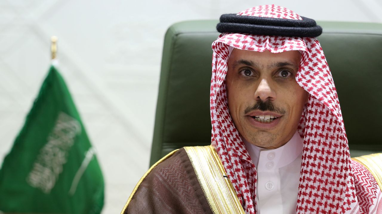 Saudi Foreign Minister Prince Faisal bin Farhan Al Saud speaks at a news conference in Riyadh on Monday. 