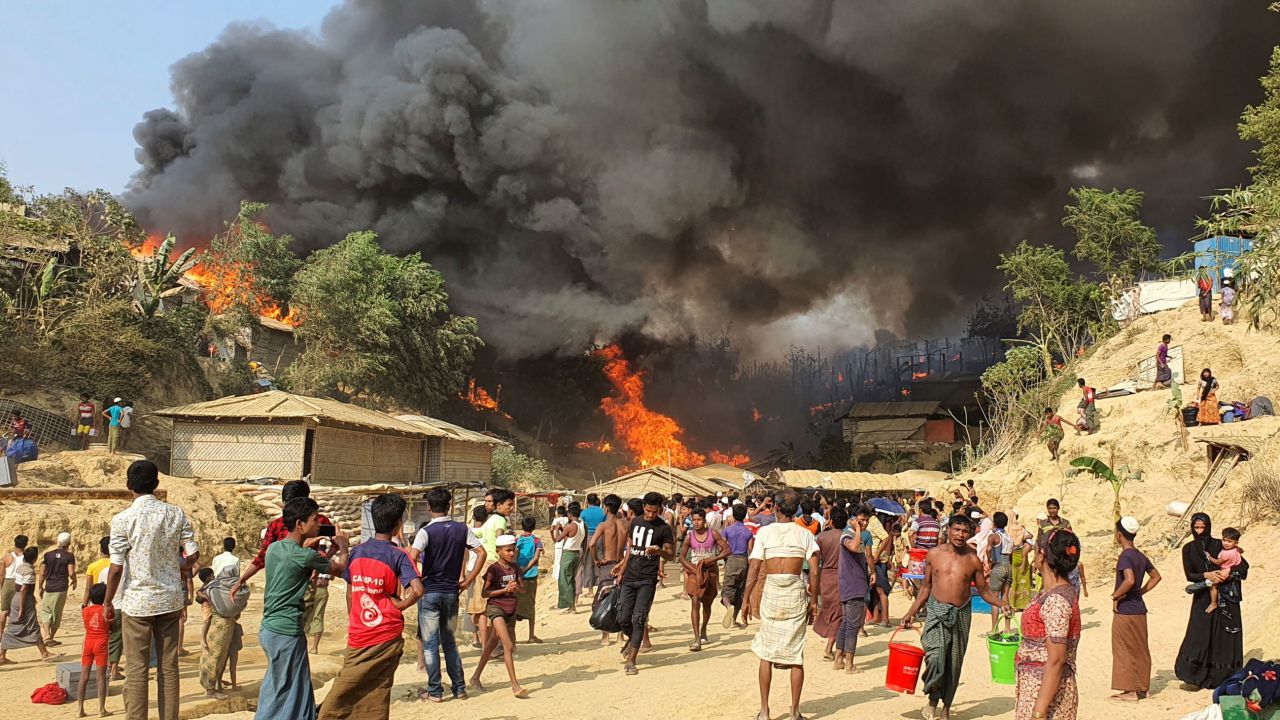Flames engulf a Rohingya refugee camp in Cox's Bazar, Bagladesh on Monday. 