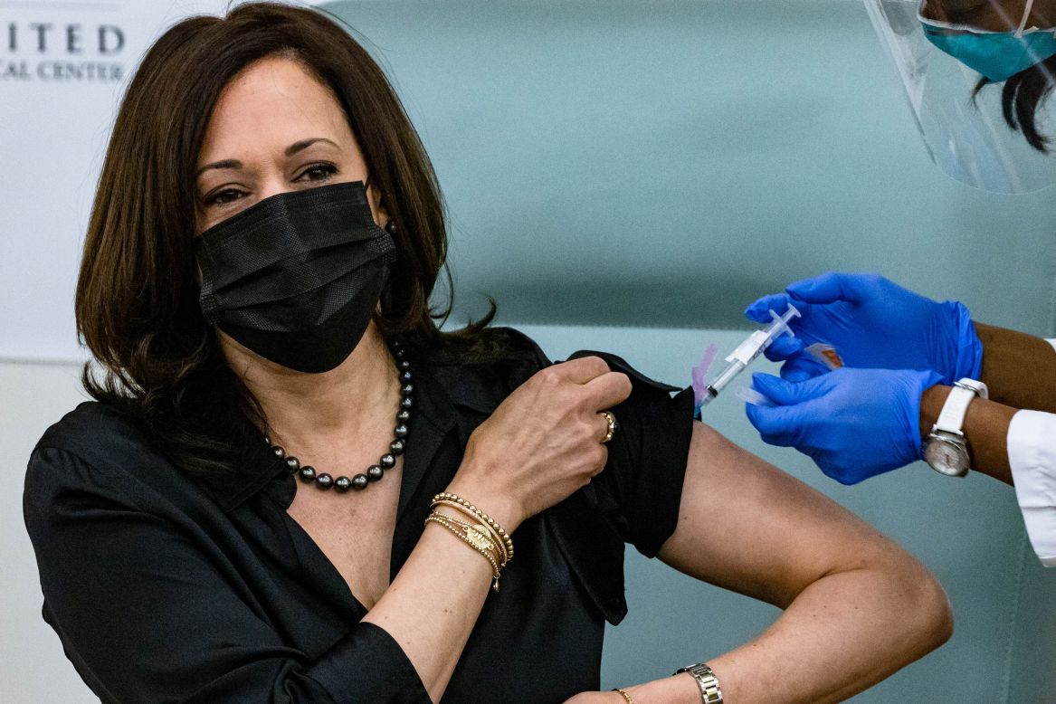 US Vice President-elect Kamala Harris receives her first vaccine dose on December 29.