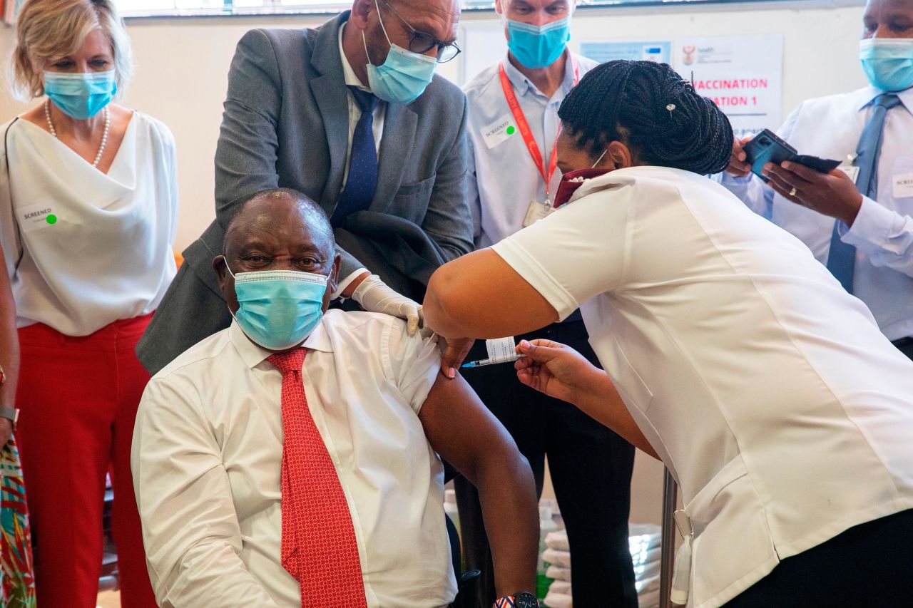 South African President Cyril Ramaphosa is inoculated on February 17.