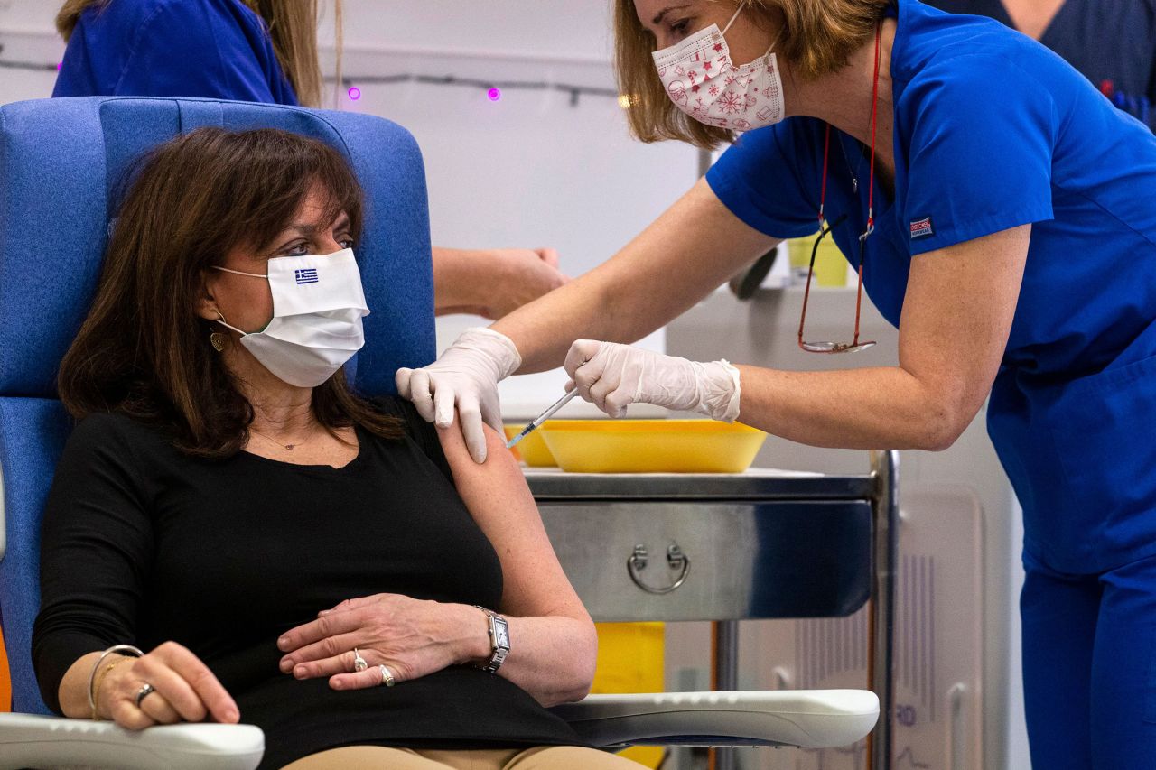 Greek President Katerina Sakellaropoulou receives a vaccine on December 27.