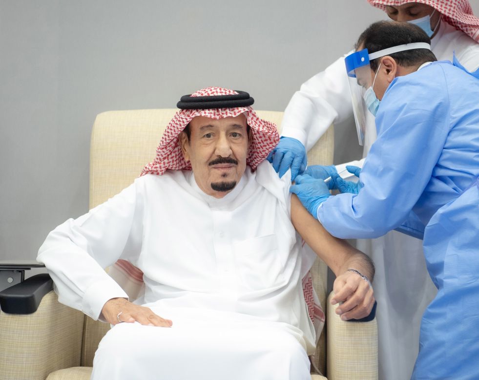 Saudi King Salman bin Abdulaziz Al-Saud is vaccinated on January 8.
