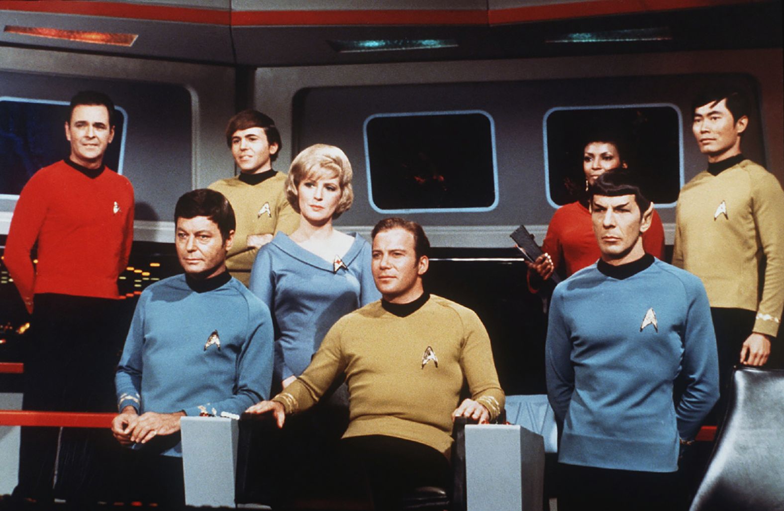 Shatner appears with castmates on the set of the TV show "Star Trek" in 1966.