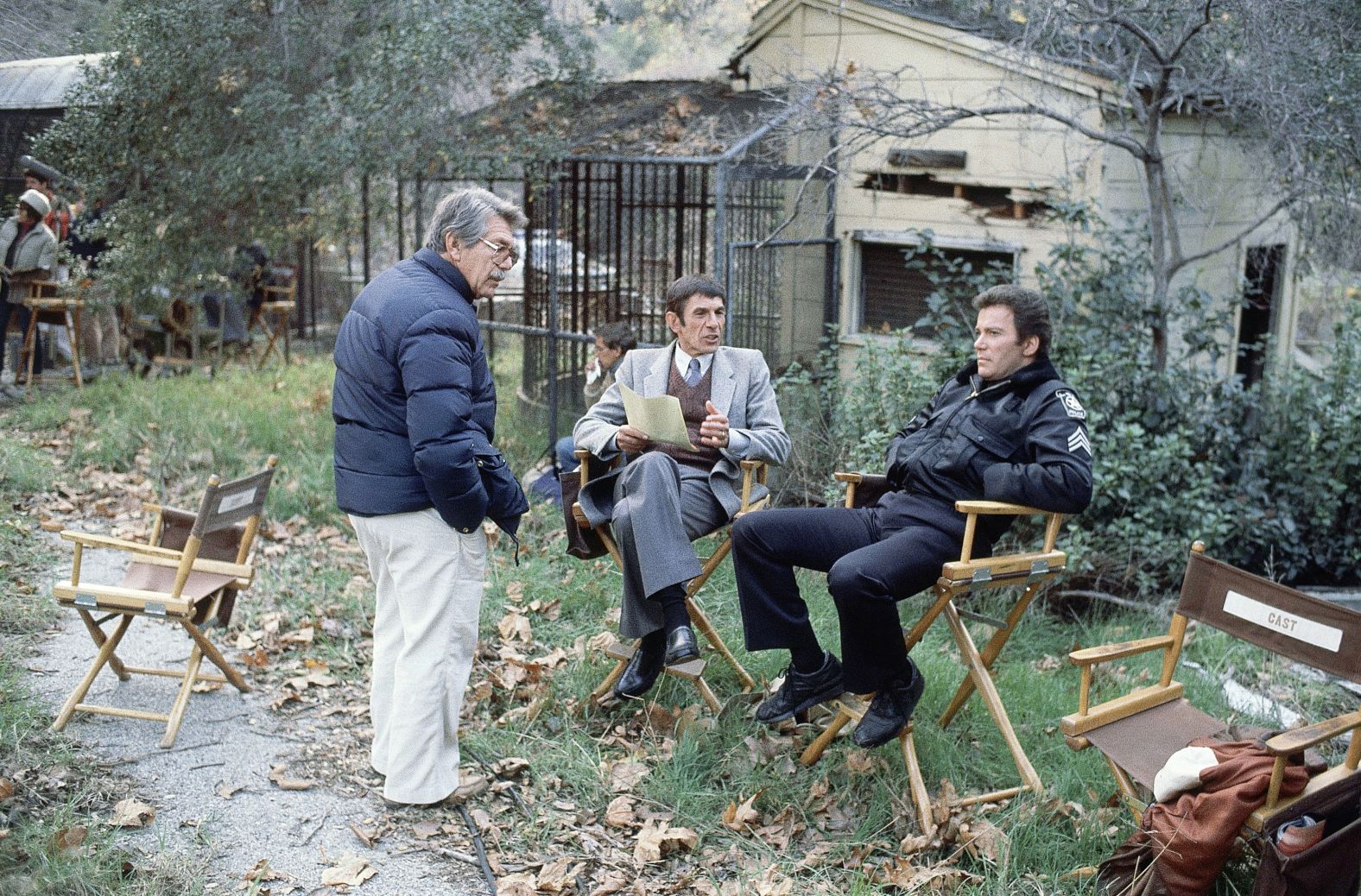 Shatner sits with "Star Trek" co-star Leonard Nimoy while filming the show "T.J. Hooker" in 1982. The police drama ran from 1982-1986.