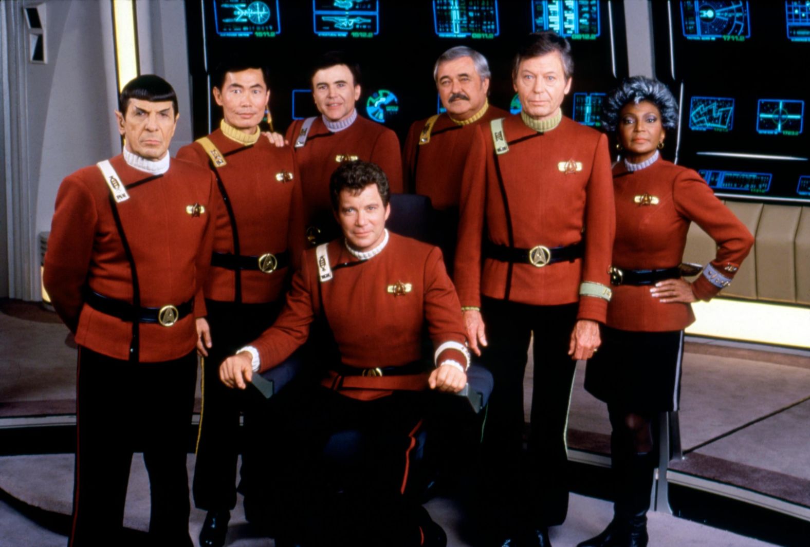 Shatner is flanked by his co-stars on the set of the 1989 film "Star Trek V: The Final Frontier." Shatner also directed the movie.