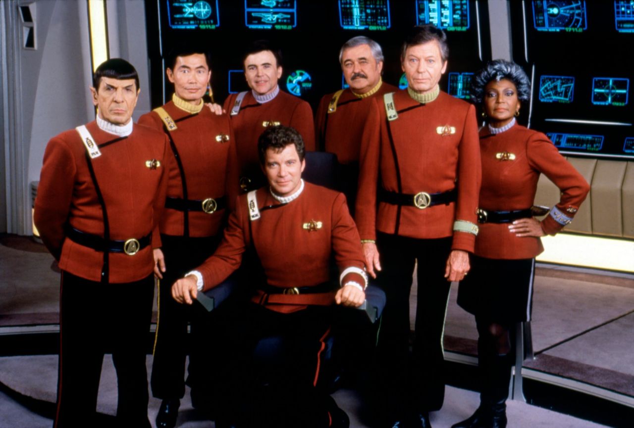 Shatner is flanked by his co-stars on the set of the 1989 film "Star Trek V: The Final Frontier." Shatner also directed the movie.