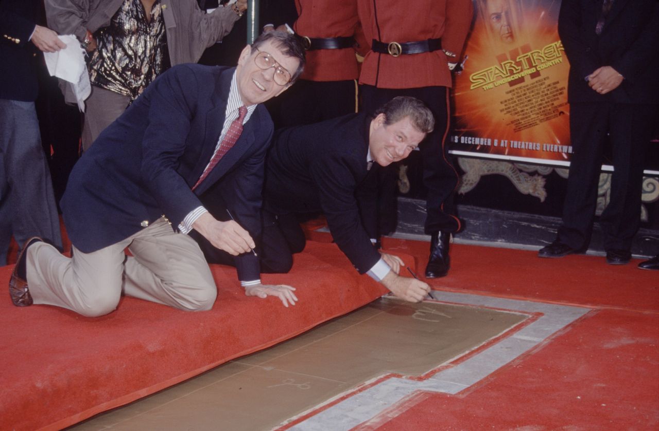 Shatner and Leonard Nimoy leave their handprints in Hollywood in 1991.