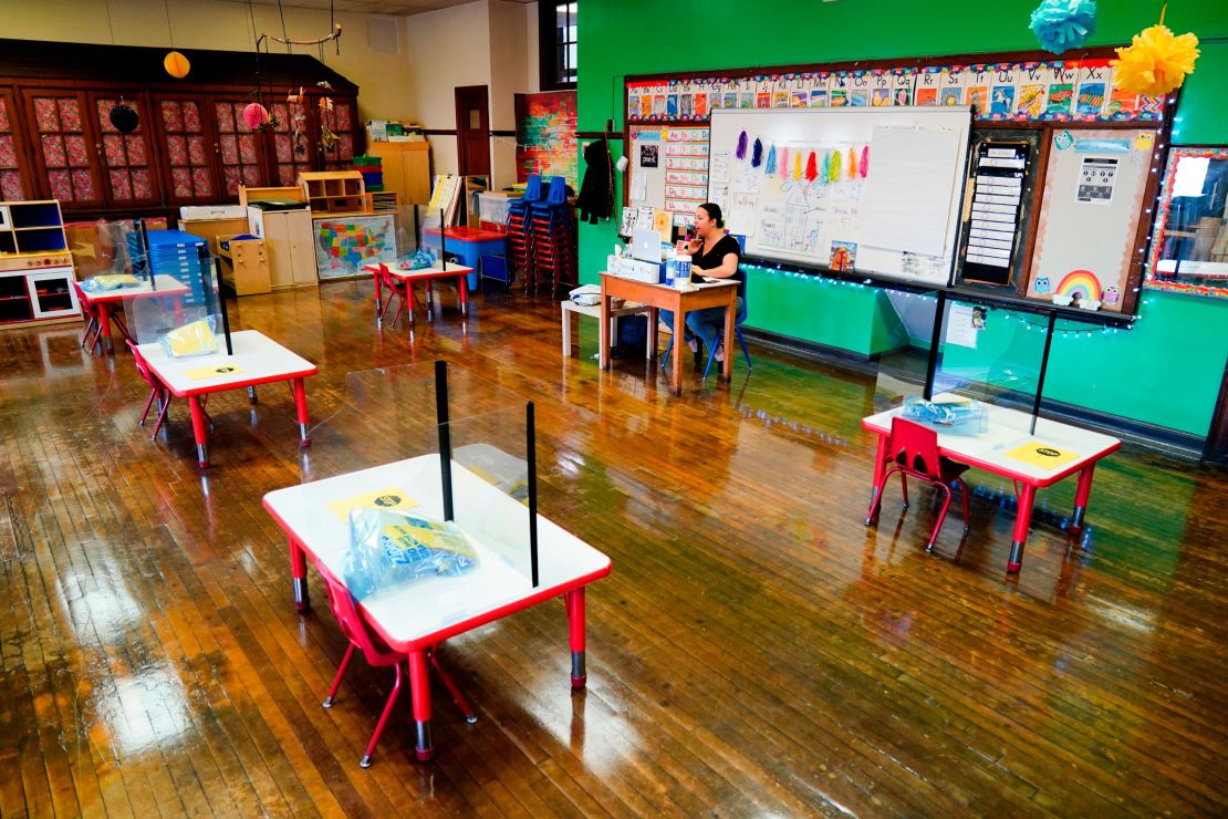 Tara Matise teaches virtually while her pre-K classroom at Nebinger School in Philadelphia is set for students to return.