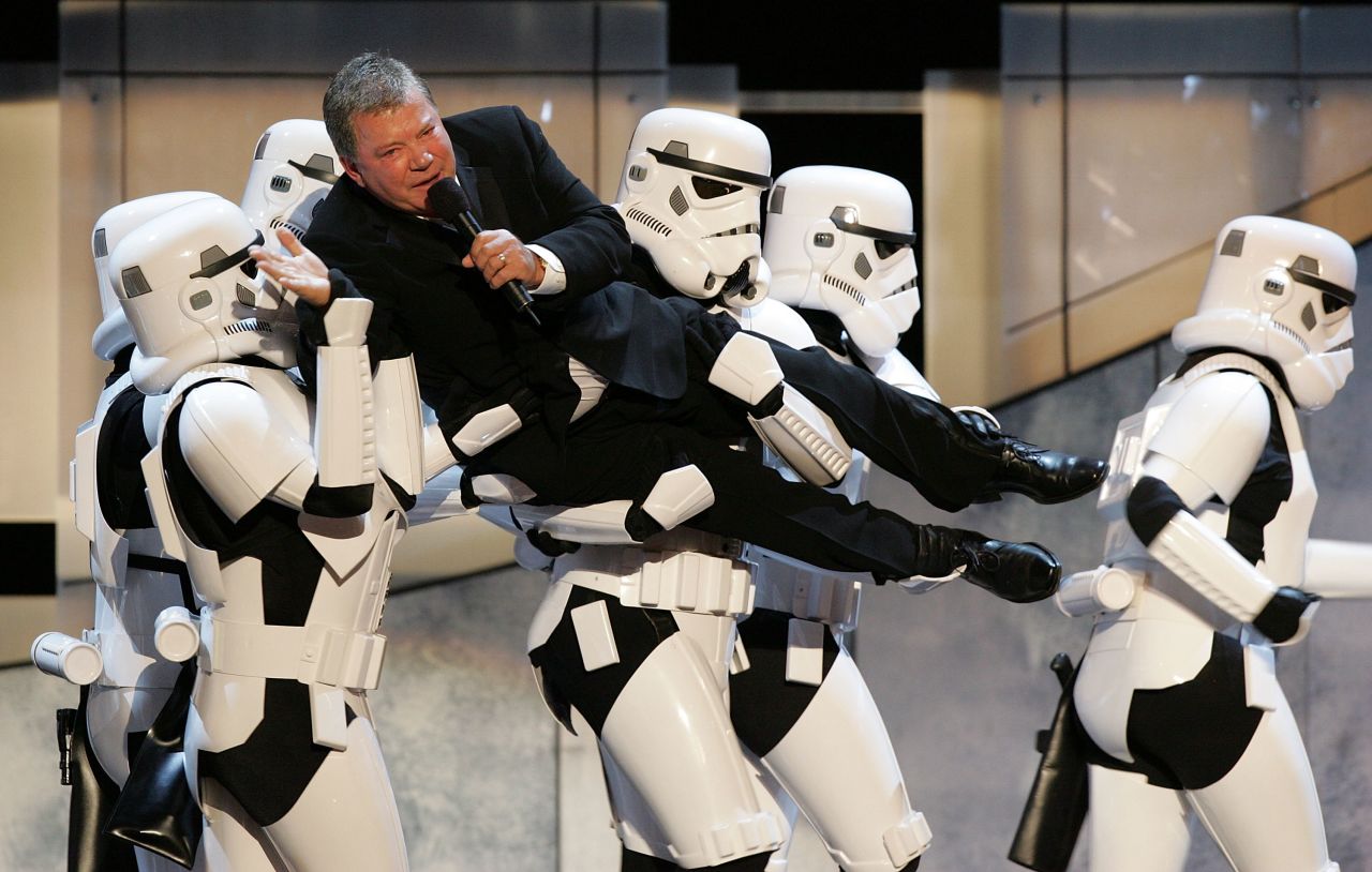 Shatner is carried by a group of "Star Wars" stormtroopers during a tribute to "Star Wars" creator George Lucas in 2005.