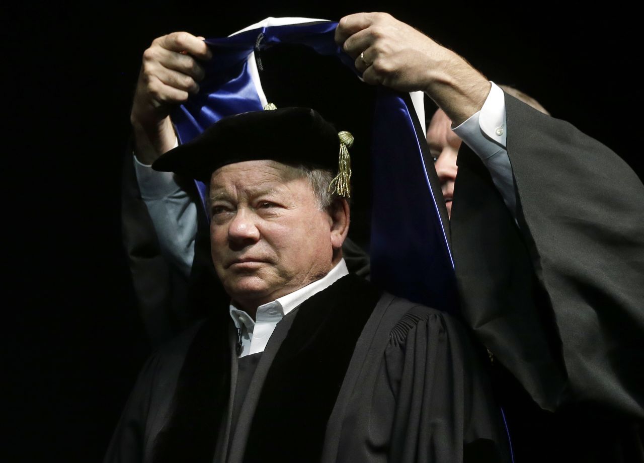 Shatner receives an honorary degree at the New England Institute of Technology in 2018. He was delivering the commencement address for that year's graduating class.