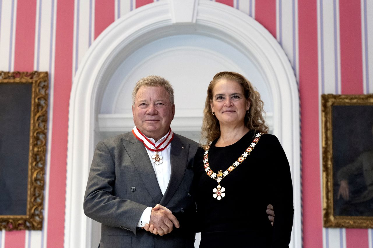 Shatner is invested as an Officer of the Order of Canada by Governor General Julie Payette in 2019.