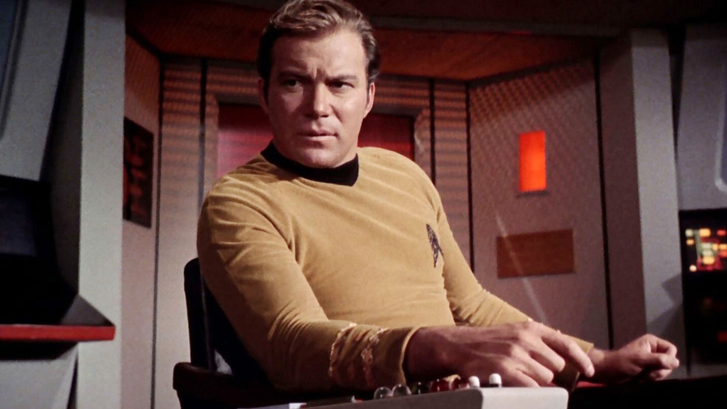 William Shatner plays Captain James T. Kirk in a 1968 "Star Trek" episode. He starred on the show from 1966-1969 and played Kirk in many of the "Star Trek" movies.