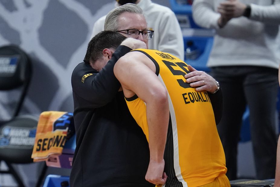 Iowa head coach Fran McCaffery hugs Luka Garza at the end of their loss to Oregon on March 22.